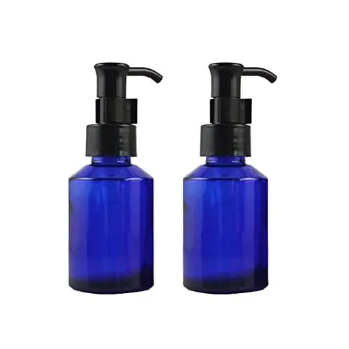Produktbild: QUUPY 2 x 60 ml gehobene nachfüllbare Kobaltglas-Lotion-Pumpflasche mit schwarzem Verschluss-Spender, Toilettenartikel-Flasche, Kosmetikbehälter, Topf für Creme, Essenz, Shampoo, Duschgel
