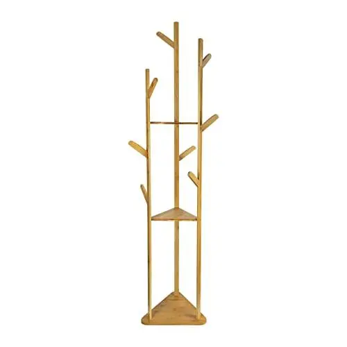 Produktbild: QUVIO Stehende Garderobe mit 3 Ablagen, 9 Haken Baum Design Kleiderständer, Dekorative Garderobe Holz Garderobe für Eingangsbereich Flur Schlafzimmer, Hellbraun 32,5 x 36 x 164 cm