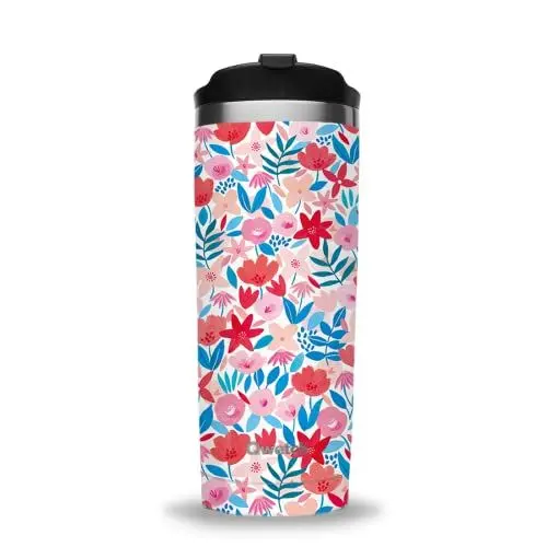Produktbild: QWETCH - Isotherm Travel Mug - Flora Rot 470 ml - Kaffee & Teebecher aus Edelstahl - 6h heiß & 12h kalt - BPA-frei, wasserfest