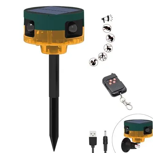 Produktbild: QXMH Solar-Außenbewegungssensor-Alarm: Hundegebell und Schussgeräusch, 129db Laute Sirene, Unterstützung der Aufnahme, 13 Arten von Sound-Stroboskoplicht mit Fernbedienung und USB (1 Packung)