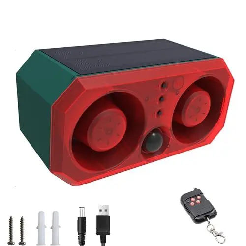 Produktbild: QXMH Solar-Bewegungssensor-Alarm im Freien: Bewegungssensor Hundebellgeräusch mit 2 * 130db Noise Maker und 13 Sounds, Unterstützung der Aufnahme und einstellbare Lautstärke, Hundebellalarm (1 Pack)