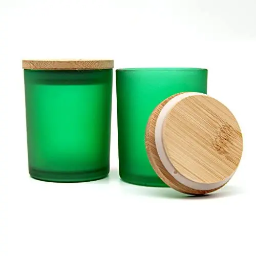 Produktbild: R FLORY 7 + 7 OZ Glas-Gläser 2 Stück dicke Glas-Kerzengläser mit Bambusdeckel Badezimmer-Behälter Waschtisch-Wattestäbchen-Aufbewahrung (Matte Green)