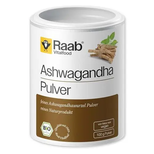 Produktbild: Raab Vitalfood Bio Ashwagandha Pulver, vegan, 100% Bio Ashwagandhawurzelpulver ohne Zusätze, 1x Dose mit 100 g Pulver