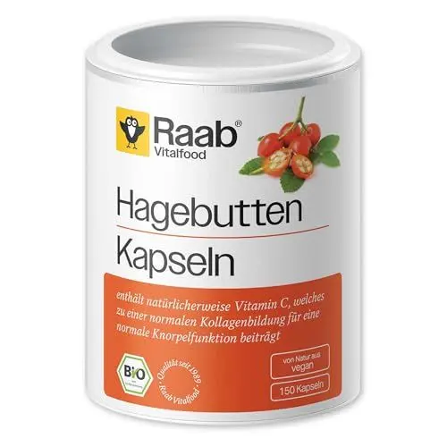 Produktbild: Raab Vitalfood® Bio Hagebutten Kapseln (150 Stück) - Premium-Sorte AP-4® Hagebutte aus dem Süden von Chile, mit natürlichem Vitamin C für eine normale Kollagenbildung & Knorpelfunktion, ohne Zusätze