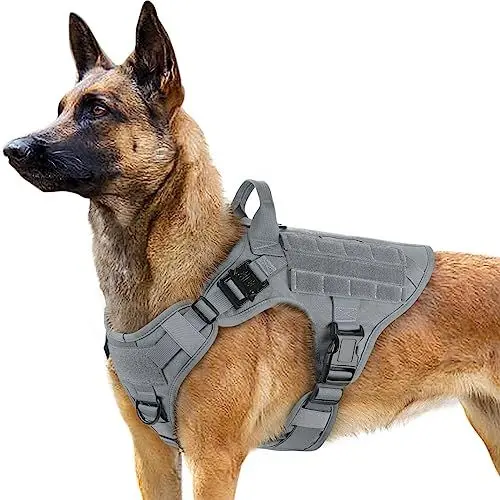 Produktbild: rabbitgoo No Pull Hundegeschirr Mittlere Grosse Hunde, Taktische Brustgeschirr mit MOLLE Griff Metallschnallen, Atmungsaktiv Militär Sicherheitsgeschirr, Verstellbares Gepolstert Hundeweste, L Grau