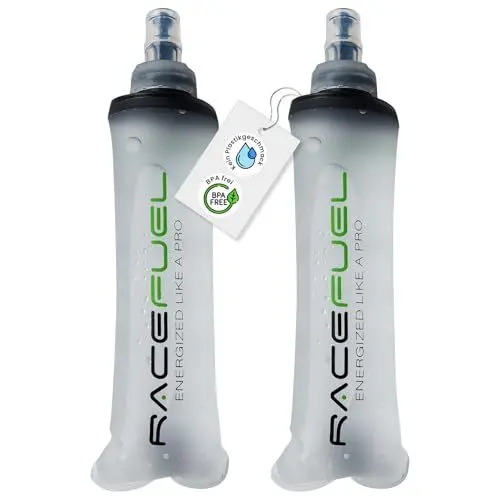 Produktbild: RACEPACE RaceFuel faltbare 250ml Trinkflasche Gelflasche, Soft Flask BPA-frei, mit RaceFuel Energy Gel Rezept QR-Code, perfekt zum Laufen, Marathon, Triathlon und Radfahren (2 Stück, 250ml)