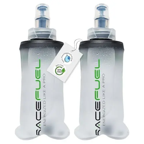 Produktbild: RACEPACE RaceFuel faltbare Trinkflasche Gelflasche, Soft Flask BPA-frei, mit RaceFuel Energy Gel Rezept QR-Code, perfekt zum Laufen, Marathon, Triathlon und Radfahren (2 Stück, 150ml)