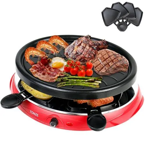 Produktbild: Raclette 4 Personen - Raclette Grill für 4 Personen mit 4 Raclette Pfannen Raclett Holzspatel Partygrill Grillplatte Oval Antihaft Antihaft Kochfläche - 900 W