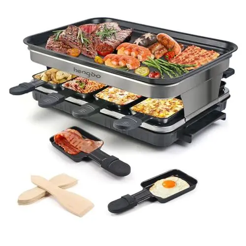 Produktbild: Raclette 8 Personen Tischgrill Elektrisch, Raclette Grill mit 8 Mini Pfännchen & 4 Holzspatel Stufenlos Regulierbare Temperatur, 1500W, Antihaftbeschichtet, Edelstahl