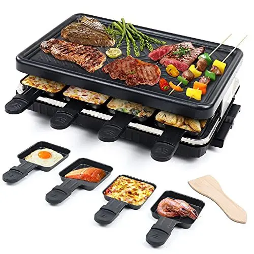 Produktbild: Raclette 8 Personen - Raclette Grill Antihaft Beschichtung Grillpfanne mit 8 Mini Raclette Pfännchen und 4 Holzspatel Raklettgerät, 1300W