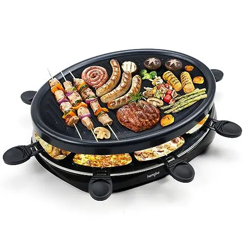 Produktbild: Raclette 8 Personen - Raclette Grill mit 8 Raclette Pfännchen und 2 Holzspateln Antihaftbeschichtung Thermostat Barbecue Grill Elektrische Grillpfannen für Familie - 1300W
