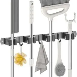 Produktbild: Radikor Besenhalterung Wand, Selbstklebender Besenhalter mit 4 Halter und 3 Haken, Edelstahl Gerätehalter Schraubbar, Gartengerätehalter Gartengeräte Halterung, Besen Mop Halter, Schwarz