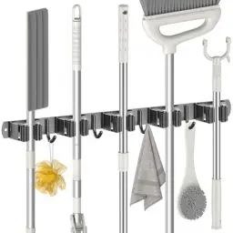 Produktbild: Radikor Besenhalterung Wand, Selbstklebender Besenhalter mit 5 Halter und 4 Haken, Edelstahl Gerätehalter Schraubbar, Gartengerätehalter Gartengeräte Halterung, Besen Mop Halter, Schwarz