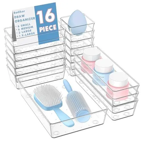 Produktbild: Radikor Schubladen Organizer -16 Stück Schminktisch Organizer in 4 Größen, Drawer Organizer, Make Up Organizer, Schubladen Ordnungssystem für Schreibtisch, Büro, Küchen, Bad