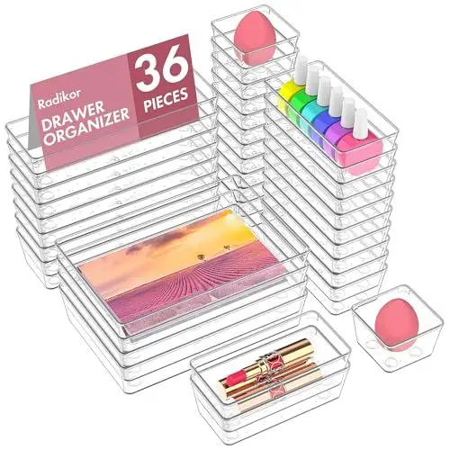 Produktbild: Radikor Schubladeneinsatz Schubladen Organizer -36 Stück Schminktisch Organizer in 4 Größen, Drawer Organizer, Make Up Organizer, Schubladen Ordnungssystem für Schreibtisch, Büro, Küchen, Bad
