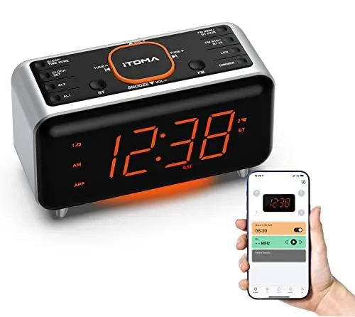 Produktbild: iTOMA Radiowecker mit App-Steuerung, Bluetooth, FM-Radio, Dual Alarm von 4-Alarmmodi, Easy Snooze, Dimmer, Orange Nachtlicht, 12/24 Hr über USB-Ladeanschluss CKS208