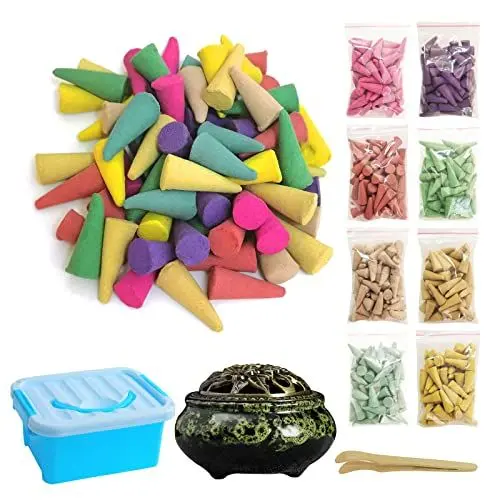 Produktbild: Räucherkegel, 8 Gemischte Duftkegel Räucher (insgesamt 320) und Keramik-Räuchergefäß. Natürliche Duft Kegel für Meditation, Yoga, Aromatherapie, etc.