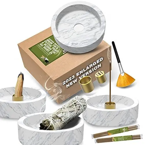 Produktbild: Räucherstäbchen Halter Marmor Räuchergefäß - 2023 Aufgerüstet Groß räucherstäbchenhalter für Räucherkegel Palo Santo Räucherkegel Räucheraschenfänger mit Räucherstäbchen als Geschenk (Weiß Grau)