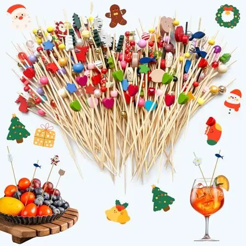 Produktbild: RAFIYU 200 Stück Cocktailspieße, 12cm Spieße Fingerfood, Holz Cocktail Sticks mit niedlicher Deko für Cocktail Gläser Grillgut Obst Fingerfood Antipasti Getränke Kuchen Häppchen Und Cocktailparty Deko