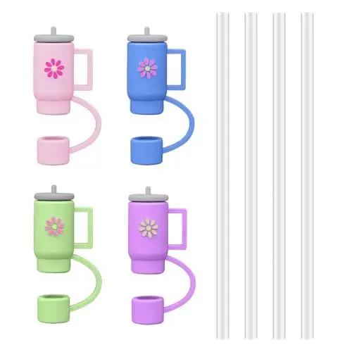 Produktbild: RAFIYU 4 Stück Strohhalm Abdeckung Cup Zubehör, Stanley Cup Zubehör für 8-10 mm Strohhalm, Plastik Strohhalme Wiederverwendbar Cup Strohhalm Abdeckung, mit 4 Stück Transparent Trinkhalme Plastik