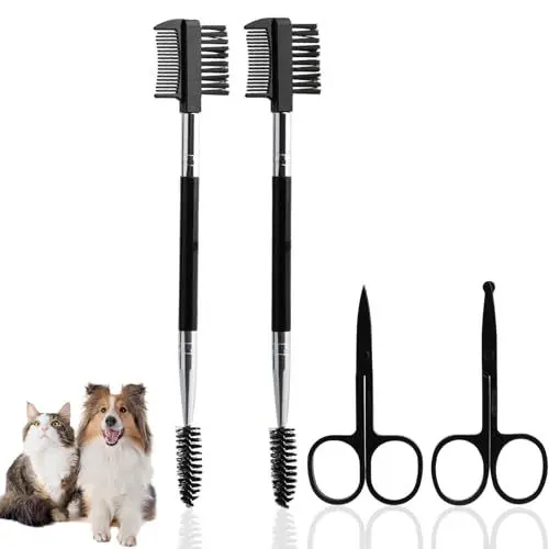 Produktbild: RAFIYU 4 Stück Tränenfleck Entfernung Kamm und Hunde Haarschere Pfotenschere, Doppelseitige Auge Pflegekamm für Entfernen von Krusten und Schleim, Katze Fellpflege & Krallenpflege