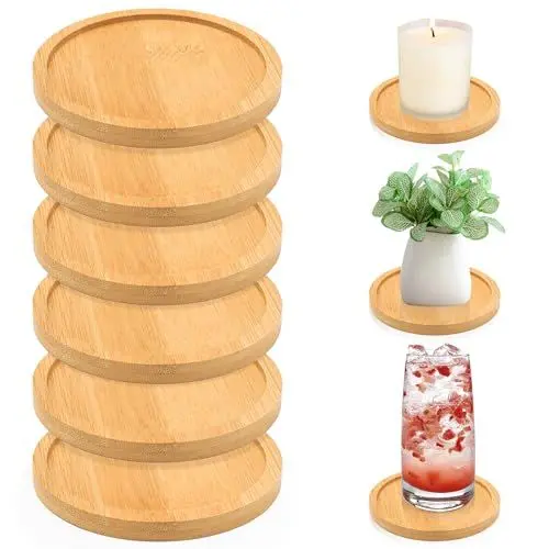 Produktbild: RAFIYU 6 Stücke Kerzenhalter Stumpenkerzen, Runde Kerzenteller Untersetzer Dekoteller, Bambus Kerzenhalter für Stabkerzen, Kerzenuntersetzer Deko Wohnzimmer Kerzenständer, Candle Holder Kerzentablett