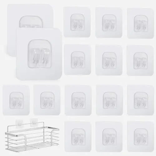 Produktbild: RAFIYU Klebehaken Transparent 20 Stück Selbstklebende Haken, 6.7 x 6.7cm Wandhaken Badezimmer für Dusch-Caddy Ohne Bohren Extrem Stark Heavy Duty 10kg (Max) für Küche Baden Toilette Türwand