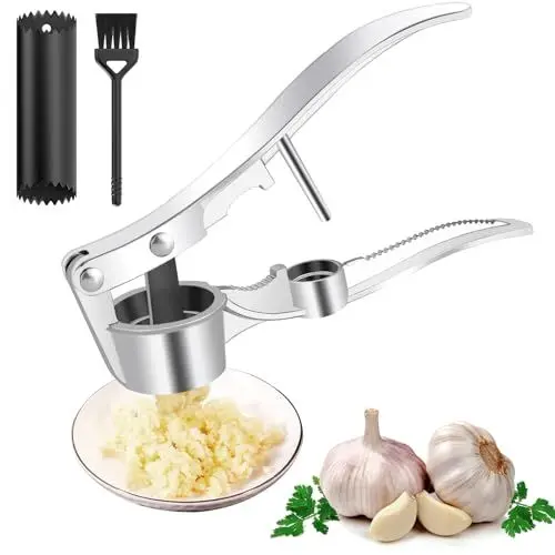 Produktbild: RAFIYU Knoblauchpresse Wippe Edelstahl Garlic Press mit Knoblauchschäler und Reinigungsbürste, Knoblauch Zerkleinerer Knoblauchwippe Kitchen Knoblauchreibe