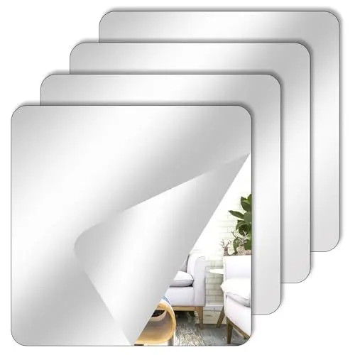 Produktbild: RAFIYU Selbstklebende Fliesenspiegel,4 Stück 15x15cm Klebespiegel,Acrylic Kleiner Spiegel für Wanddekoration Türspiegel Fensterspiegel Schrank Wohnzimmer Badezimmer Spiegel
