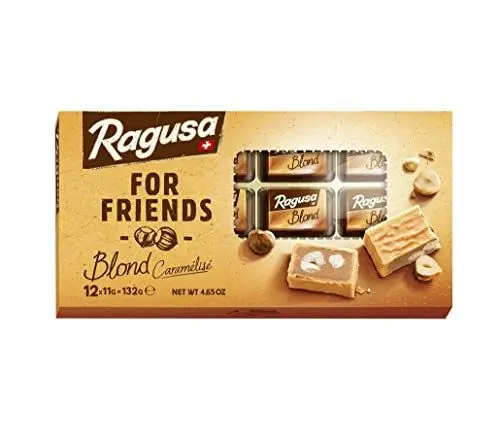 Produktbild: Ragusa For Friends Blond 132g – Pralinen aus weißer Schokolade mit karamellisiertem Milchpulver, Praliné Füllung und ganzen Haselnüssen – Original Schweizer Schokolade (1 x 132g)