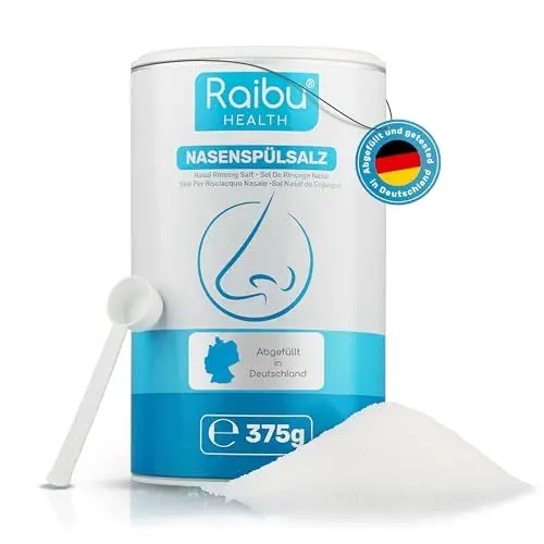 Produktbild: Raibu Nasenspülsalz für Nasendusche 150 Portionen I 375g in nachhaltiger XXL Dose inkl. Dosierlöffel I Veganes Nasensalz I Deutsche Produktion I Salz für Nasenspülung