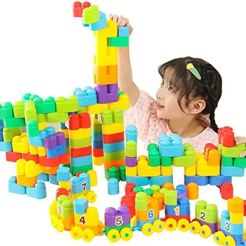 Produktbild: Rainbow TOYFROG Bausteine Spielzeug für Kleinkinder - Pädagogische Entwicklung STEM Spielzeug - Sicher Skill Building Toys für Jungen & Mädchen - Set mit 74 Stück mit Alphabet & Zahlenaufklebern