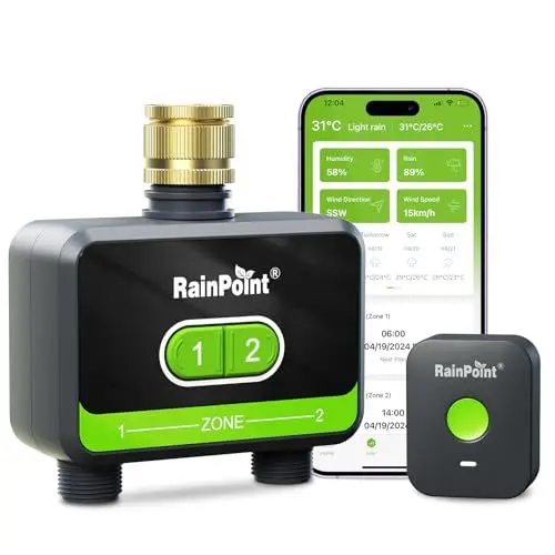 Produktbild: RAINPOINT Bewässerungscomputer WLAN 2 Ausgänge, Messingeinlass, Automatische Garten Bewässerungsuhr mit App/Sprachsteuerung, WLAN Bewässerungssystem für Gewächshaus Garten