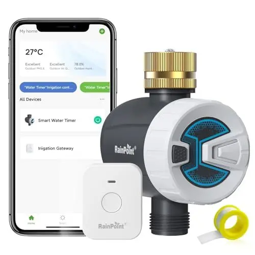 Produktbild: RAINPOINT Bewässerungscomputer WLAN, Automatische Bewässerungssystem mit Messing-Einlass, Zyklus-Soak-Modus, Smart APP-Fernbedienung über 2,4 GHz WiFi oder Bluetooth, für Rasen und Garten