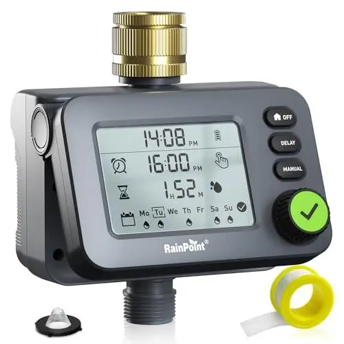 Produktbild: RAINPOINT Bewässerungscomputer mit Messingeinlass, Bewässerungsuhr mit Regenverzögerung/Automatischem & Manueller Modus, IP54 Wasserdicht/Großbild LCD-Display Bewässerungssteuerung für Garten Rasen