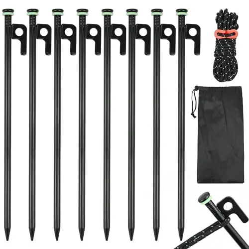 Produktbild: RAINPOP 8 Stück 30cm Zeltheringe Aus Stahl, Zeltheringe Heringe Camping Sturmsicher, Lange Robuste Zelt Erdnägel Für Camping Outdoor, Zeltnägel Stahl Heringe Mit Im Dunkeln Leuchten Ring und 4m Seil