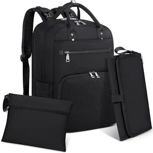 Produktbild: RAINSMORE Wickelrucksack Baby Wickeltasche Rucksack mit Wickelunterlage Unterwegs Groß Diaper Bag Multifunktions Baby Taschen für Mama und Papa Schwarz