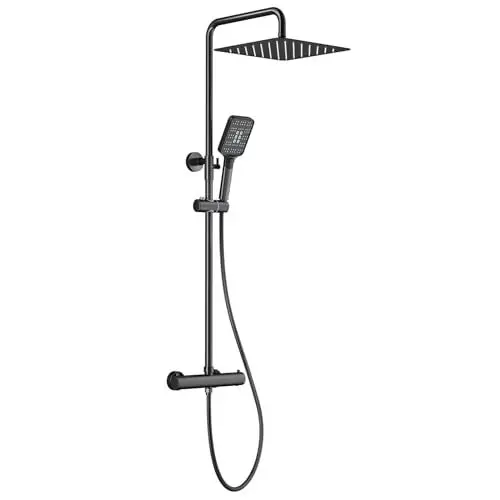 Produktbild: Rainsworth Duschsystem mit Thermostat Schwarz, 30 * 30cm Quadratisch Edelstahl Regendusche, Duscharmatur Komplettset, Regendusche mit Armatur, Duschkopf 3 Strahlarten, 92-126 cm Duschstangen