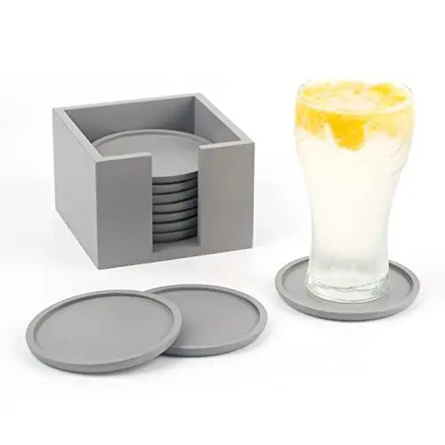 Produktbild: Rainsworth Rund Untersetzer Set Holz: 10er Glasuntersetzer, Tassen Coasters für Gläser mit Box, für Drinks, Bier, Glas, Kaffee, Holz Kerzenuntersetzer Deko Geschenke, Grau