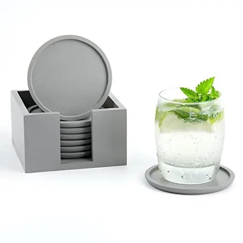 Produktbild: Rainsworth Rund Untersetzer Set Holz: 8er Glasuntersetzer, Tassen Coasters für Gläser mit Box, für Drinks, Bier, Glas, Kaffee, Holz Kerzenuntersetzer Deko Geschenke, Grau