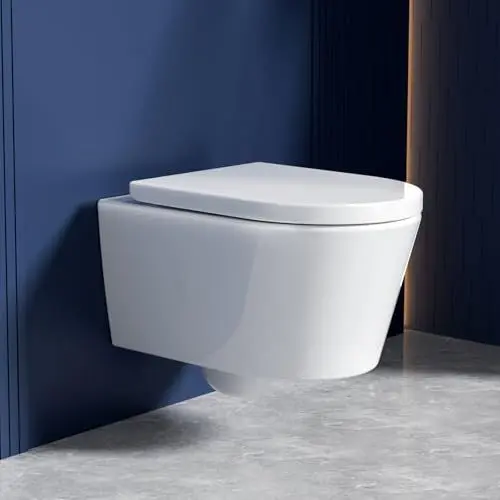 Produktbild: Rainsworth Spülrandlos Wand-WC Tiefspül Toilette - Hänge Toiletten mit effizienter Spültechnik, Kloschüssel inklusive WC-Sitz mit Absenkautomatik und Schnellspanner, Weiß, 48,5 cm lang