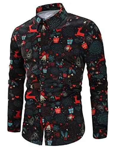 Produktbild: RAISEVERN Hemden Herren Weihnachten Rentiere Glocken Männer Coole 3D Druck Weihnachtsfest Freizeithemden Lustige Schneeflocken Jugendliche Jungen Party, Schwarz, L