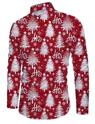 Produktbild: RAISEVERN Herren Weihnachten Freizeithemden Schneeflocke Männer Coole 3D Lustige Baum Druck Jungen Weihnachtsfest Hemden Jugendliche Party, Rot, XXL