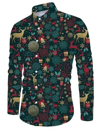 Produktbild: RAISEVERN Männer Weihnachten Rentiere Glocken Herren 3D Freizeithemden Lustige Schneeflocken Druck Coole Hemden Weihnachtsfest Jugendliche Jungen Party, Grün, XL