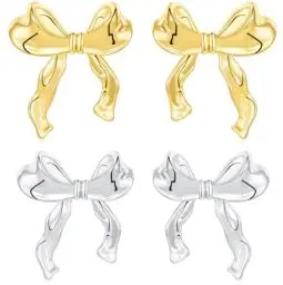 Produktbild: Rajputana Gold Silber Schleifen Ohrringe Set für Damen, Bow Ribbon Stud Earrings Women Jewelry, Golden Silver Schleife Ohrstecker Schmuck Frauen