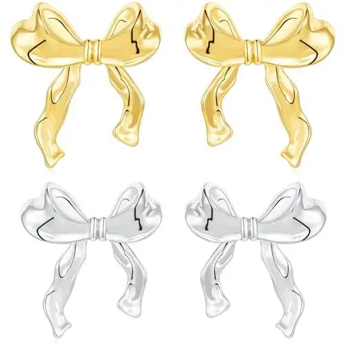 Produktbild: Rajputana Gold Silber Schleifen Ohrringe Set für Damen, Bow Ribbon Stud Earrings Women Jewelry, Golden Silver Schleife Ohrstecker Schmuck Frauen