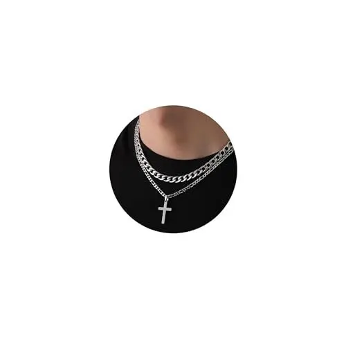 Produktbild: Rajputana Silber Kreuz Halskette für Männer Edelstahl Kette Herren Mens Silver Cross Chain Necklace Silberkette Herren Geschichtete Kubanische Figaro Kette Halskette Christliche Schmuck Geschenke