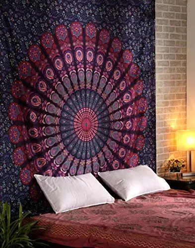 Produktbild: RAJRANG BRINGING RAJASTHAN TO YOU Baumwolle Mandala Rosa Bohemian Tapisserie 228 x 213 cm Hippie Pfau Wandbehang für Wohnzimmer Schlafzimmer dekorativ