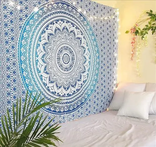 Produktbild: RAJRANG BRINGING RAJASTHAN TO YOU Blauer Baumwoll Mandala Wandteppich 228 x 213 cm Omber Hippie, dekorativer großer Wandbehang