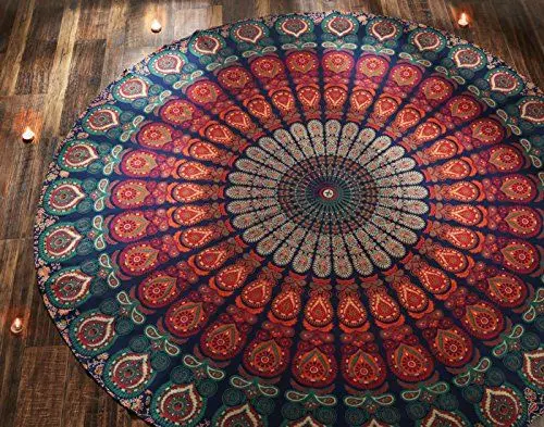 Produktbild: RAJRANG BRINGING RAJASTHAN TO YOU Boho Mandala Roundie Gypsy Hippie Tapisserie dekorative Baumwolle Tischdecke Meditation Yoga Matte Goldblau 183 cm